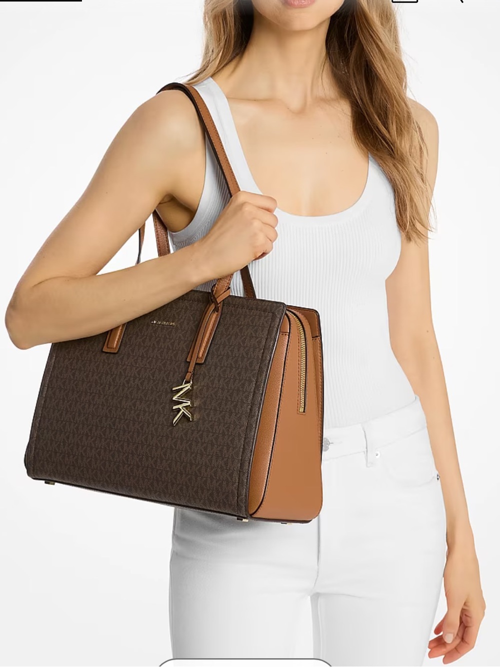 Michael Kors Brown Monogram Satchel with Tan Trim